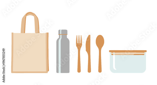 Zero waste reusable essentials set with tote bag metal bottle bamboo cutlery and glass container flat vector illustration