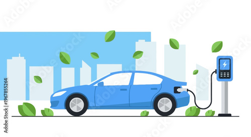 Electric car charging in city flat vector illustration eco friendly urban mobility and clean energy transport concept