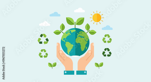 Hands holding globe with leaves and recycling symbols flat vector illustration environmental protection and sustainability concept