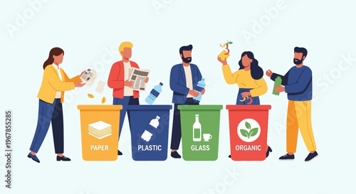 People sorting paper plastic glass and organic waste into recycling bins flat vector illustration sustainability concept