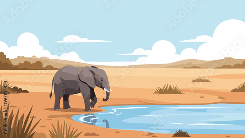 Large grey elephant stands at the edge of a small blue waterhole in a vast dry savanna landscape under a clear sky with white clouds.