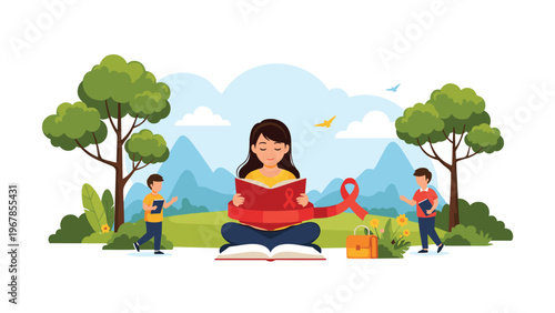 Woman sits cross-legged reading a book in a park while two children play nearby next to a giant red ribbon and yellow flowers in the grass.