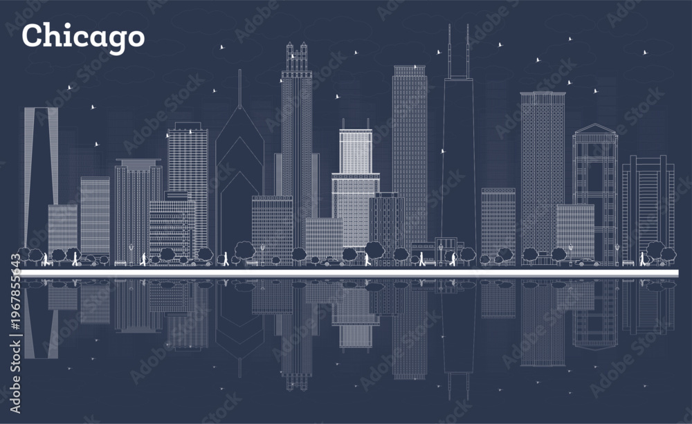 Obraz premium Outline Chicago Illinois City Skyline with White Buildings and reflections. Illustration. Business Travel and Tourism Concept with Historic Architecture. Chicago Cityscape with Landmarks.