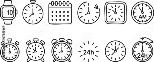 Time management icon set with clocks stopwatch calendar and 24h symbols for productivity apps and business tools