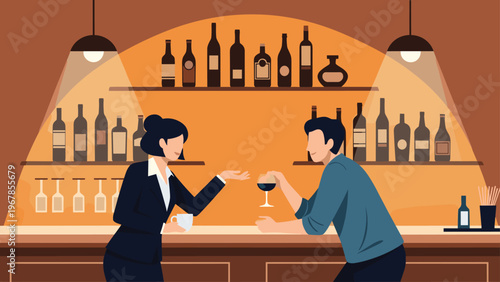 Elegant man and woman having a professional conversation at a stylish bar counter, with many wine bottles on shelves.