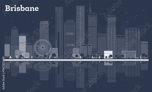 Outline Brisbane Australia City Skyline with White Buildings and reflections. Illustration. Business Travel and Concept with Modern Architecture. Brisbane Cityscape with Landmarks.