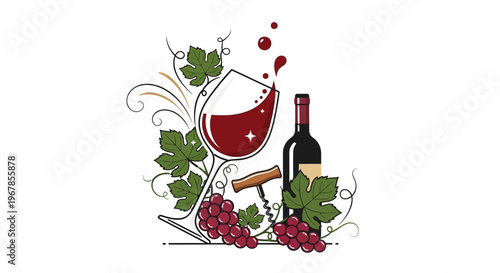 Red Wine Splash In Glass With Grapes and Bottle, Corkscrew, Vines