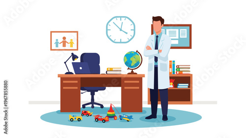 Professional male pediatrician in a white coat, standing in his office filled with toys, books, and medical equipment.