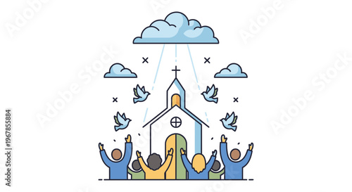 Religious Gathering: People Praying at Church with Doves and Clouds