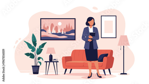 Professional business woman standing in a modern office or living room, holding a folder and looking confident and ready.