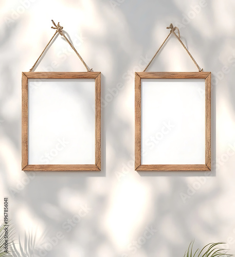 Empty photo frames hanging on light wall, showcasing minimalist design with natural wood texture, perfect for displaying art or photos