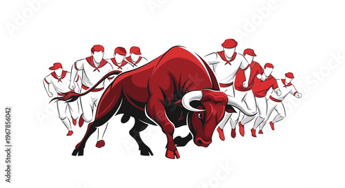 Running Bull and People in Traditional Outfits - Pamplona Fiesta