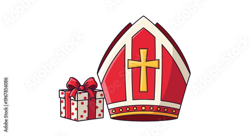 Saint Nicholas Mitre Hat and Gift Box with Red Bow