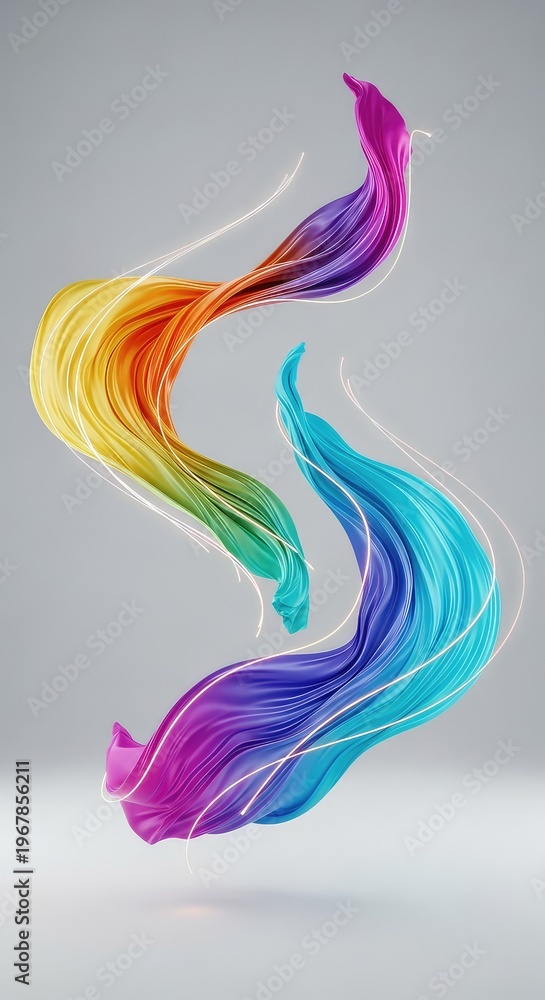 Fototapeta premium Floating silk fabrics swirl in a weightless void, capturing the essence of fluid motion and grace through glowing trails of light and air, wave, blur, serene