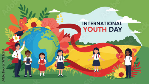 Diverse children standing around a globe to celebrate International Youth Day, surrounded by colorful flowers and ribbons.
