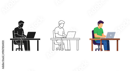 Collection of three stylized illustrations depicting a man sitting at a desk working diligently on a modern portable computer laptop in various graphic designs