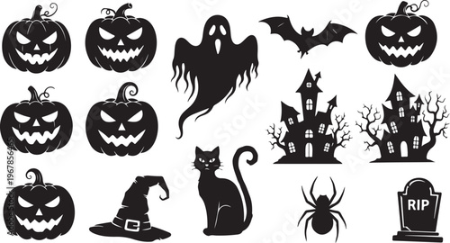 Halloween icons and symbols in black silhouette style collection