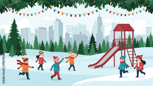 Group of happy children in winter coats and hats, playing in the snow at a park with a slide and a distant city skyline.