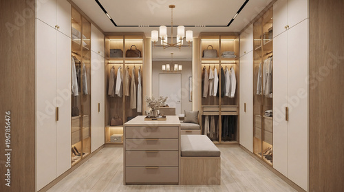Elegant modern walk-in closet with custom built-in wardrobes, central storage island, and sophisticated lighting, offering luxurious and organized storage
