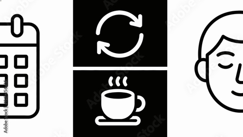 Essential Daily Routines A Graphic Icon Set Depicting Calendar Planning, Coffee Breaks, and Personal Well-being for a Balanced Lifestyle