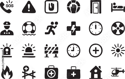 Safety and emergency vector icons collection for healthcare apps and disaster management systems