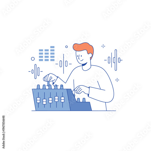 Man Adjusting Sound Mixer Controls for Audio Production.