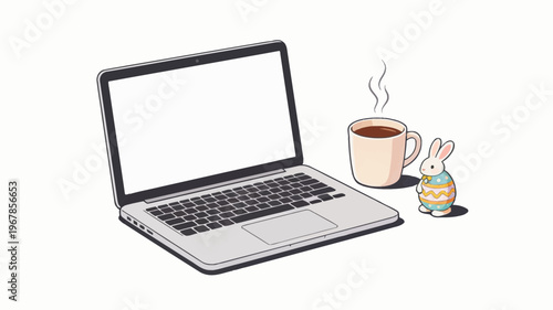 Modern laptop with blank screen, steaming coffee, and Easter bunny, illustrating a cozy and productive remote work environment with a touch of spring holiday cheer