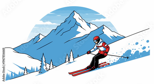 Skier Descending Snowy Mountain Slope in Winter Landscape