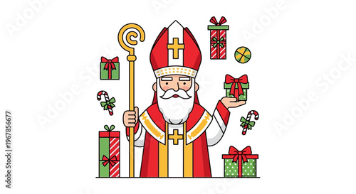 Sinterklaas with Gifts and Candy Canes, Saint Nicholas Celebration Illustration