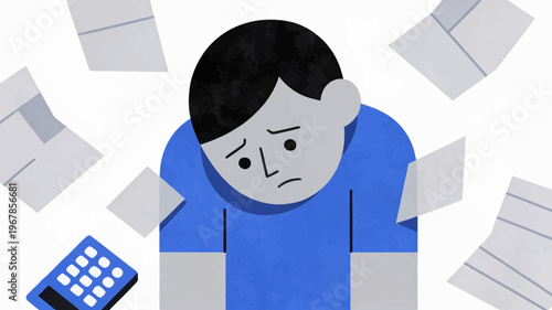 An illustration portraying a distressed man overwhelmed by financial burdens, surrounded by bills and a calculator, reflecting the widespread challenges of debt and economic stress