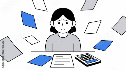 A young woman overwhelmed by a mountain of paperwork and tight deadlines, illustrating the pressure and stress of a demanding workload in a modern office environment