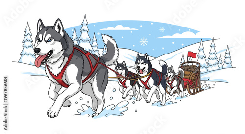 Sled Dogs Running Through Snowy Landscape, Arctic Adventure