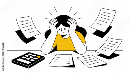 Overwhelmed young woman surrounded by flying documents and a calculator, illustrating the intense pressure and stress of managing finances or work deadlines