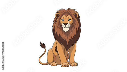 Magnificent male lion with a thick brown mane and intense blue eyes sits calmly against a clean and minimal white background.
