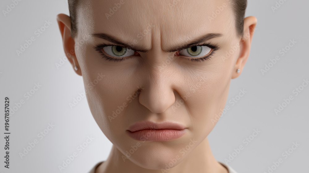 Fototapeta premium Close-up portrait of woman with disgusted facial expression, representing negative emotion and reaction.