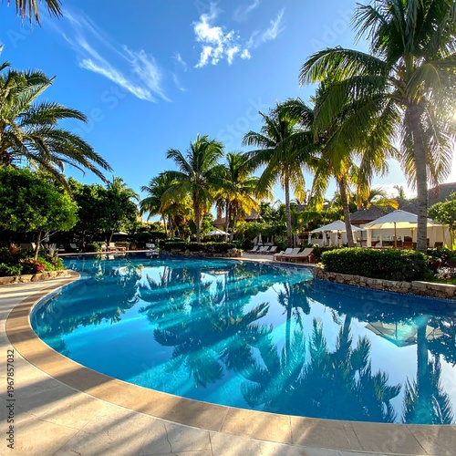 A serene tropical resort pool surrounded by palm trees (1)