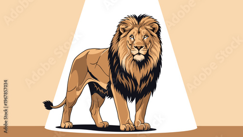Majestic lion with a thick black mane stands confidently under a bright white spotlight in a studio or theater setting.
