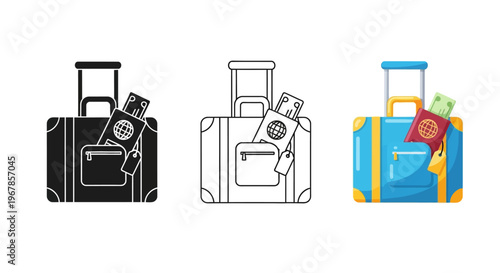 Set of three luggage icons showcasing travel preparation with passports tickets and cash ready for an international journey