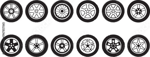 Car wheel icon set with tire and rim designs for automotive service and transport graphics