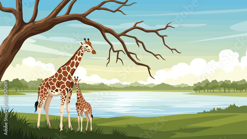 Mother giraffe and her small calf stand together by a calm river in a lush savanna landscape with green trees and blue sky.