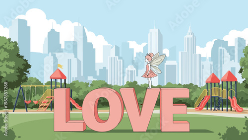 Small pink fairy stands on top of a large pink love sign in a city park with a modern skyline and playground in the distance.