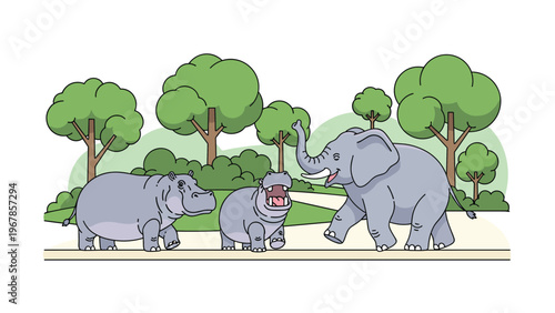 Friendly elephant and two hippos walk along a park path surrounded by green bushes and tall trees on a clear day.