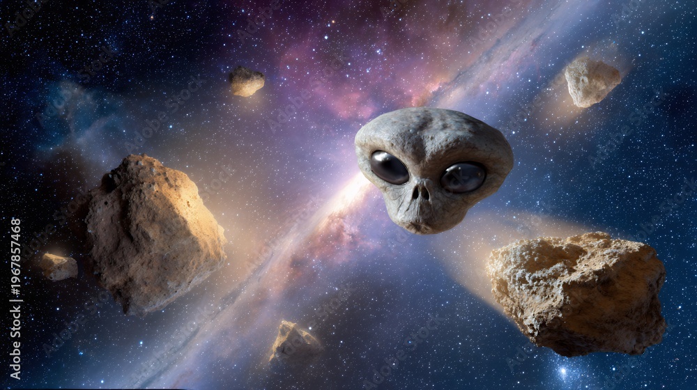 Fototapeta premium Alien head floating in vibrant cosmic nebula with asteroids