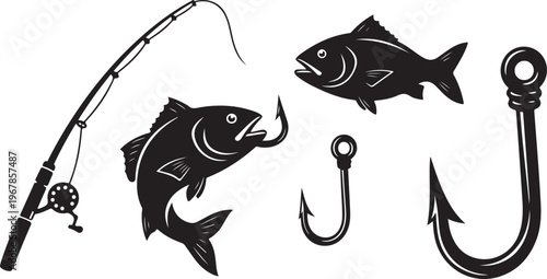 Fishing icons with fish, hooks, and rod on white background