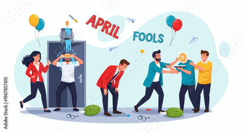 April Fools' Day pranks and playful mischief, lighthearted fun, and jokes among colleagues at the office during a celebration