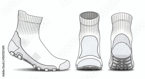 Three views of a minimalist running shoe, showcasing its sock-like upper and durable sole, ideal for trail running