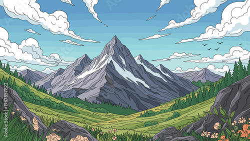 Magnificent mountain landscape features snow-capped peaks rising above a lush green valley filled with colorful wildflowers.