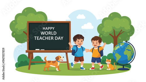 Two schoolboys play and learn outdoors with a chalkboard and a world globe in a sunny park with tall green trees.