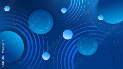 Deep blue futuristic background with layered circles and glowing orbs representing connectivity and technology concepts