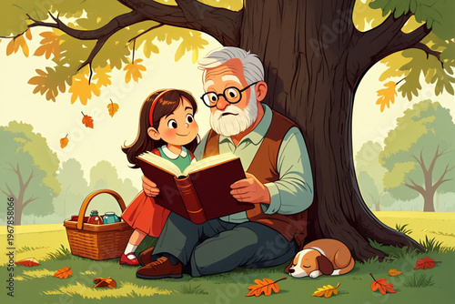 Old man and his granddaughter reading a book under the shade of a large tree in a serene setting